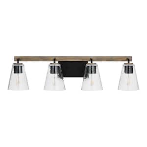 Westbrook 30.5 in. 4-Light Weathered Oak Rustic Farmhouse Bathroom Vanity Light with Matte Black Accents