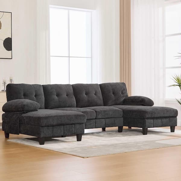103.5 in. Round Arm Chenille Sectional Sofa with Dual Chaise Lounges, Storage Pockets and Armrest Pillows in Black