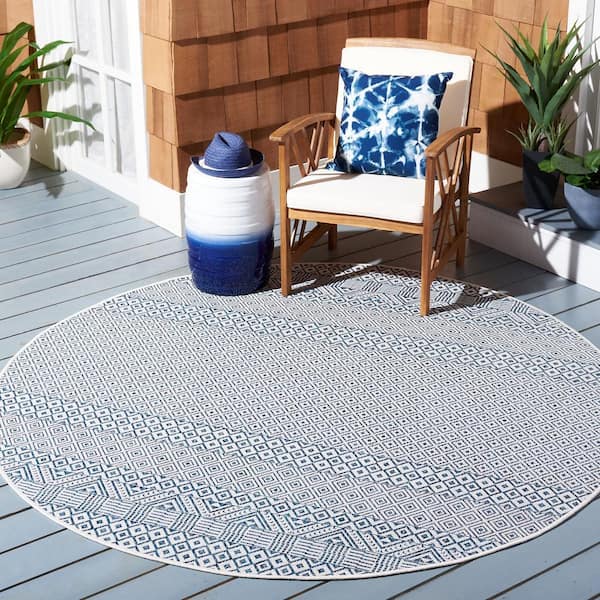 Courtyard Blue/Navy 8 ft. x 8 ft. Geometric Diamond Indoor/Outdoor Patio  Round Area Rug