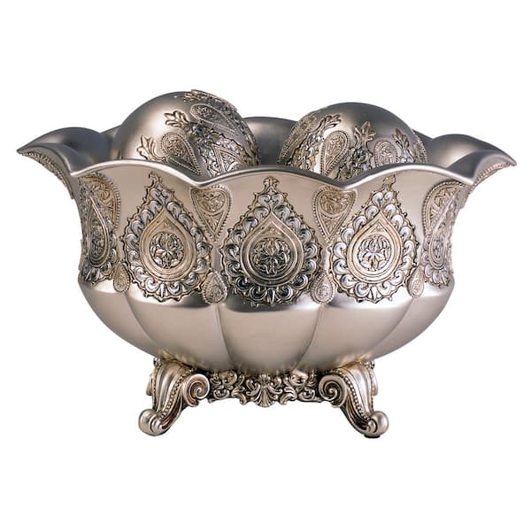 OK LIGHTING Silver Paisley Polyresin Decorative Bowl With Spheres