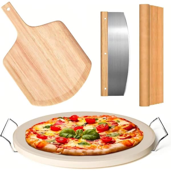 5-Piece Round Pizza Stone Set with Pizza Peel, Serving Rack, Pizza Cutter and Cooking Paper for for Oven and Grill