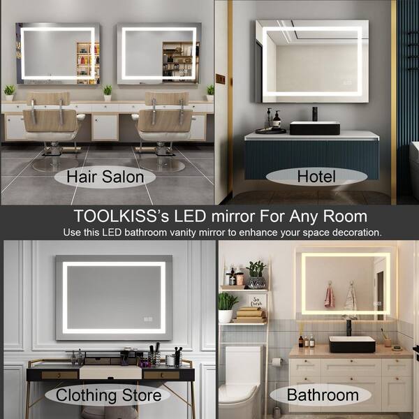TOOLKISS Anti-Fog Bathroom Mirror with Dimmable Light , Frameless Rectangular Wall Vanity Mirror - 40 in.W x 32 in.H