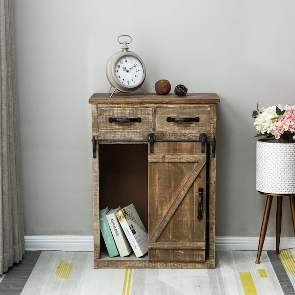 LuxenHome Rustic Wood Console Cabinet with Sliding Barn Door