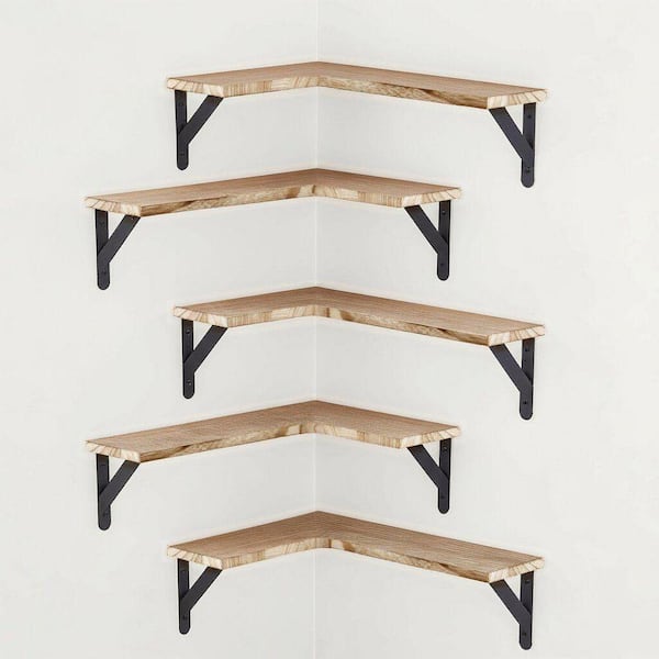 15.8 in. W x 11.3 in. D Natural Floating Shelves, Wood Corner Shelves, Decorative Wall Shelf Set of 5