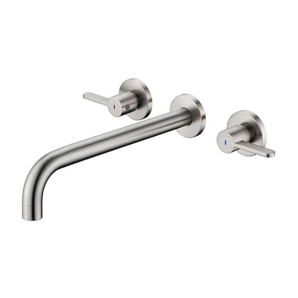 RAINLEX 8014 2-Handle Wall Mount Roman Tub Faucet with High Flow Rate and Long Spout in Brushed Nickel