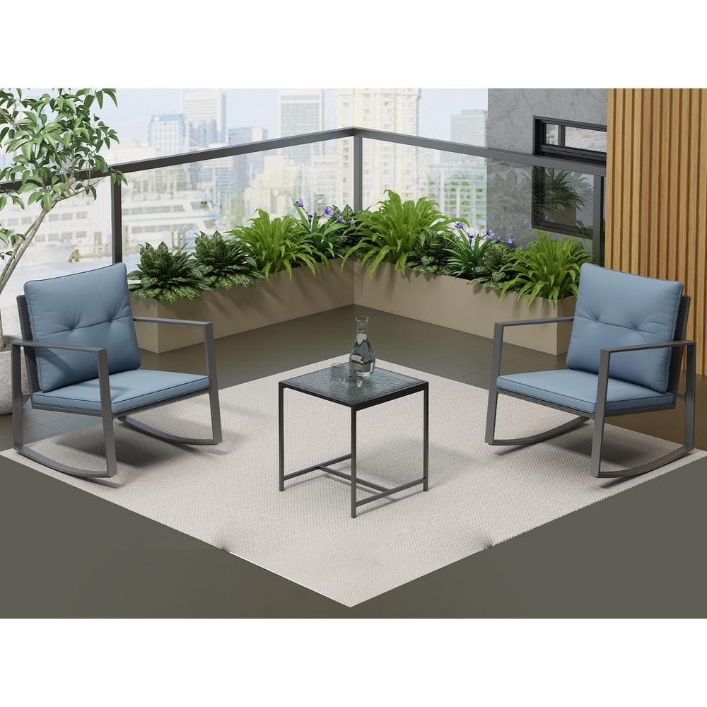 Gray Cushioned Steel Rocking Bistro Set with Glass Table