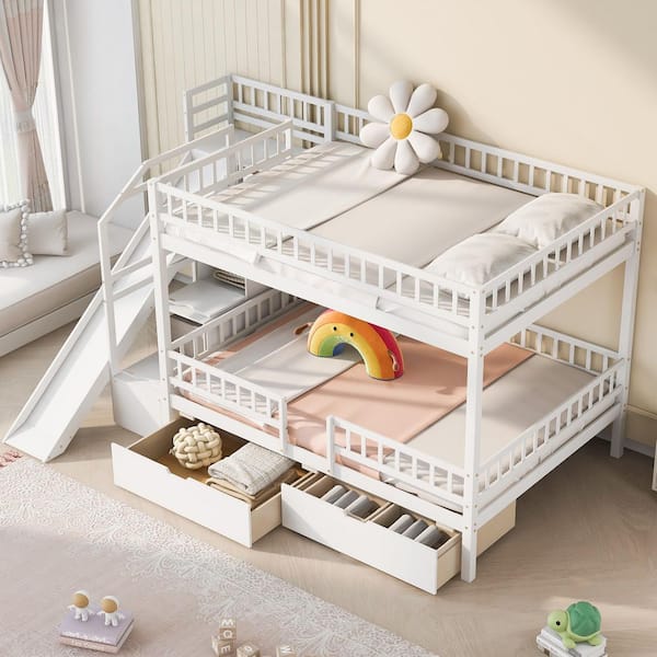 White Full Over Full Size Solid Wood Bunk Bed with Storage Stairs, Slide and 2 Drawers