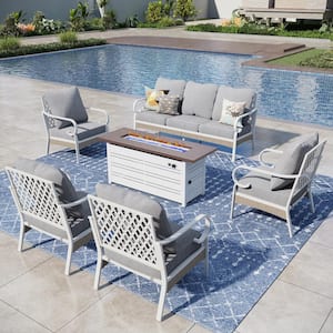 White 6-Piece Metal Outdoor Patio Conversation Seating Set with 50000 BTU Propane Fire Pit Table and Gray Cushions