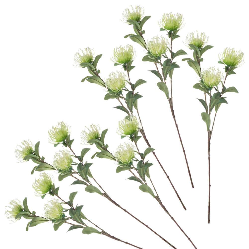 Green and Cream Plastic Protea Topiary Stems Set of 6