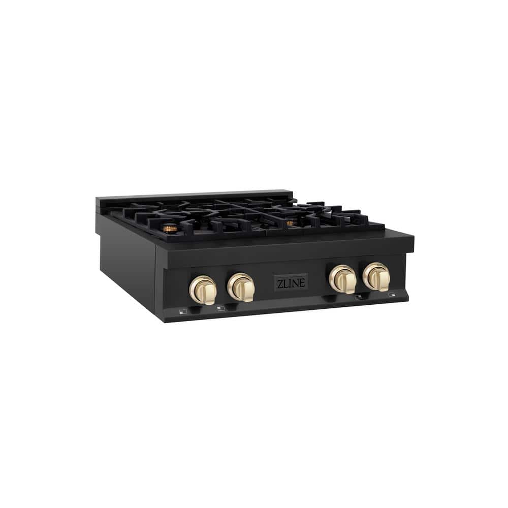ZLINE Kitchen and Bath Autograph Edition 30 in. 4 Burner Front Control Gas Cooktop with Polished Gold Knobs in Black Stainless Steel, Black Stainless Steel & Polished Gold
