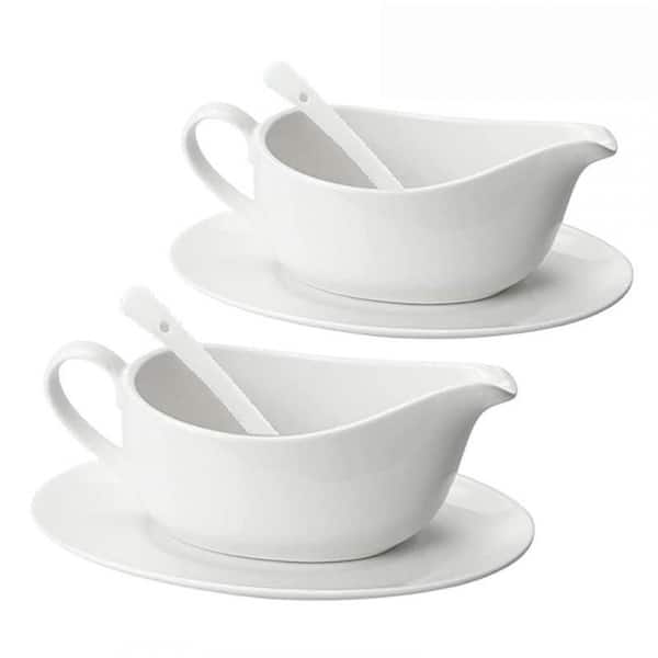 17 oz. White Ceramic Gravy Boat with Ladle and Saucer, Sauce Server Set  for Salad, Milk, Black Pepper (Set of 2)