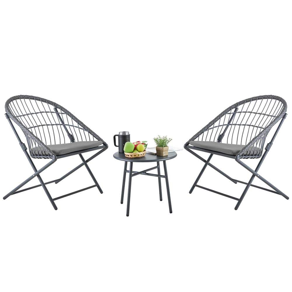 3-Piece Patio Conversation Set Outdoor Folding Chairs with Gray Cushions -  Brafab, QH-20231101