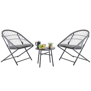 3-Piece Patio Conversation Set Outdoor Folding Chairs with Gray Cushions