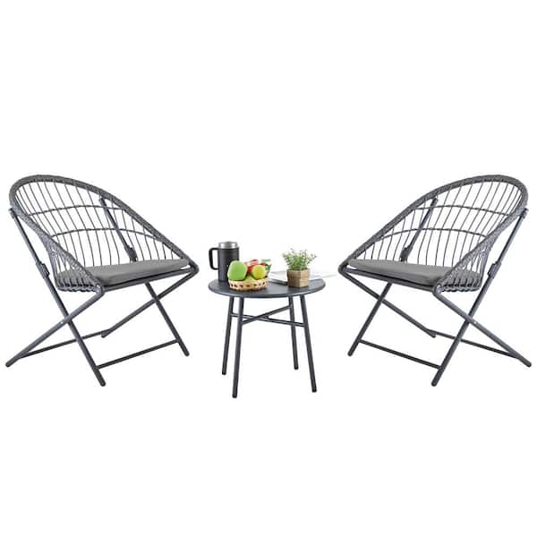 Brafab 3-Piece Patio Conversation Set Outdoor Folding Chairs with Gray Cushions