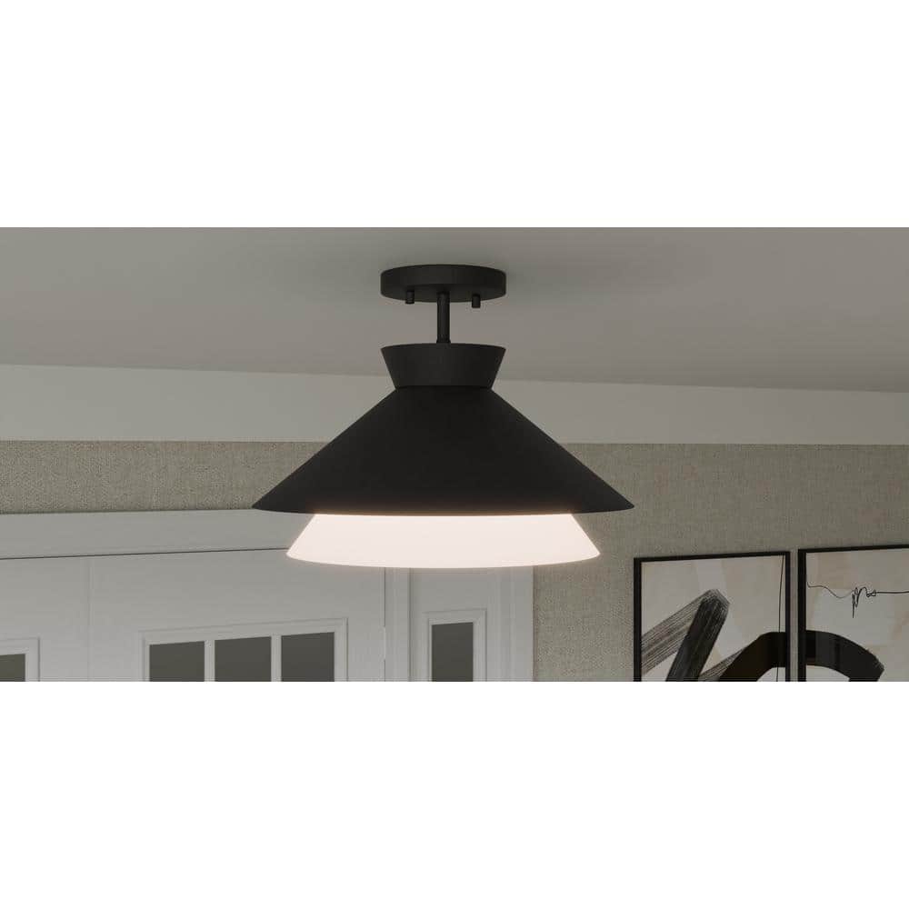 Matte Black and Alabaster Glass Semi-Flush Mount Light