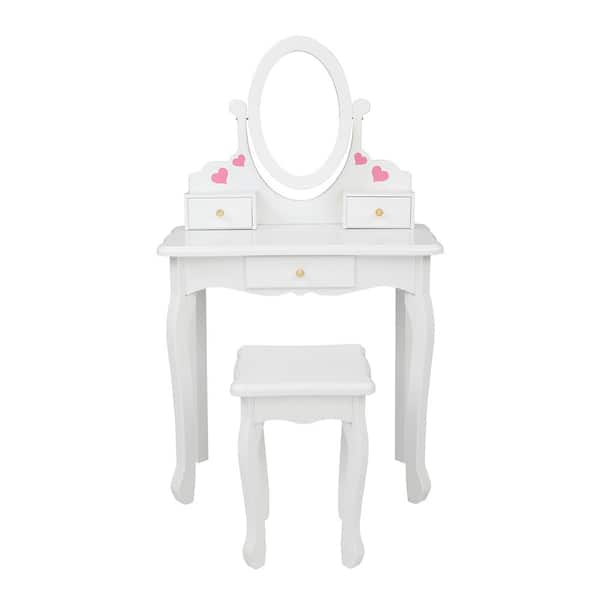 Karl home 2-Pieces Kids Round Mirror Dressing Table Chair 3-Drawers White