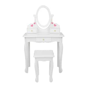 2-Pieces Kids Round Mirror Dressing Table Chair 3-Drawers White