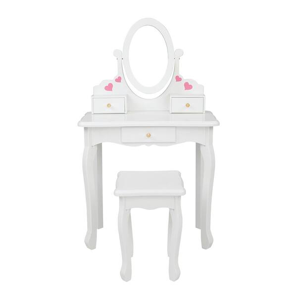 Winado 2-Pieces Kids Round Mirror Dressing Table Chair 3-Drawers White
