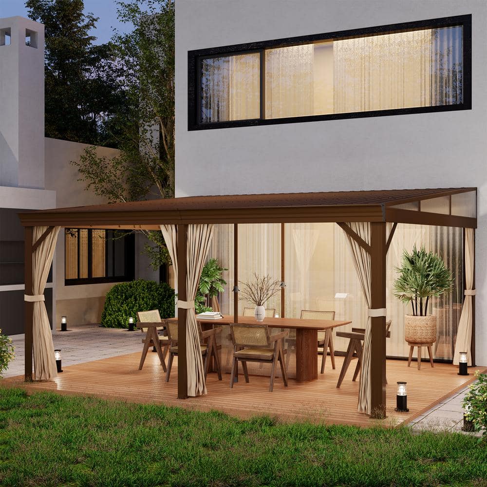 Mondawe 12' x 16' Brown Aluminum Hardtop Gazebo with Curtains