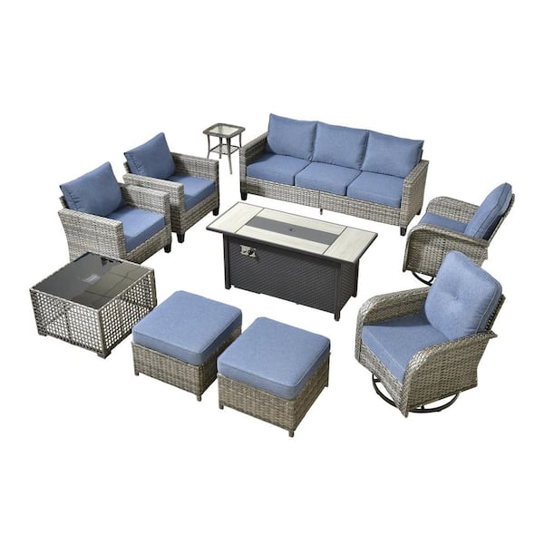 Scarlet 10-Piece Wicker Outdoor Fire Pit Patio Conversation Sofa Set with Swivel Chairs, a Table and Denim Blue Cushions