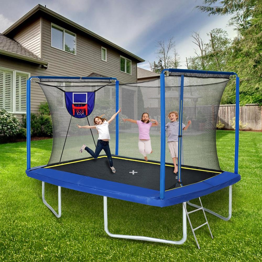 8FT x 12FT Rectangular Trampoline with Basketball Board, Ball Inflater, and