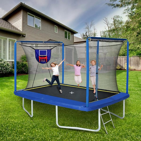 TANKY TRADING INC 8FT x 12FT Rectangular Trampoline with Basketball Board, Ball Inflater, and Ladder-Blue, ASTM & CPC Certified
