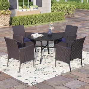 Black 5-Piece Metal Patio Outdoor Dining Sets with Stamped Round Table and Rattan Chairs with Blue Cushion