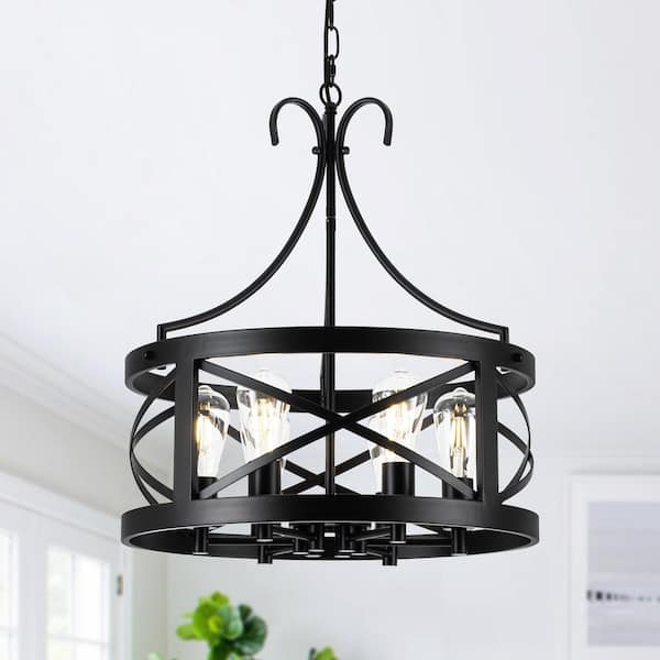 19.69 in. 6-Light Black Drum Cage Chandelier Industrial Metal Fork Cutout Pendant Light with Adjustable Hanging Chain