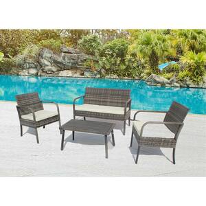 4-Piece Wicker Patio Conversation Set with CushionGuard Beige Cushions