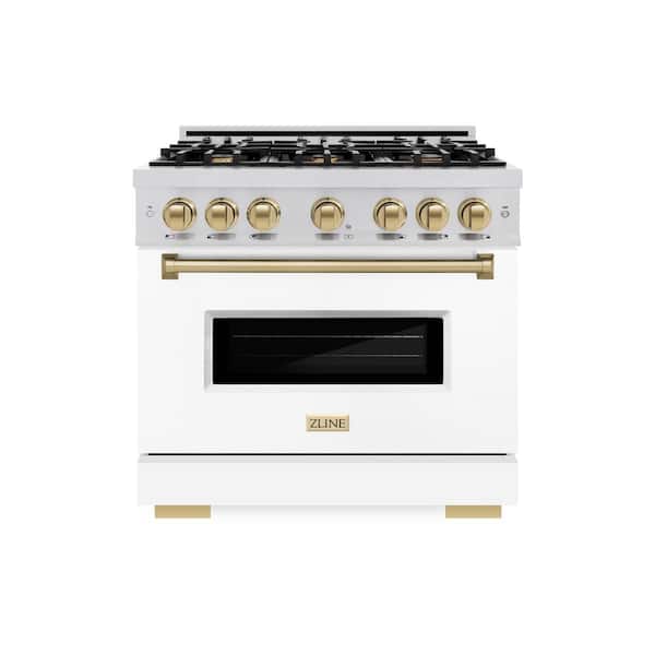 Classic 36 in. 6-Burner Dual Fuel Range with Convection Oven in Stainless Steel, Matte White & Champagne Bronze