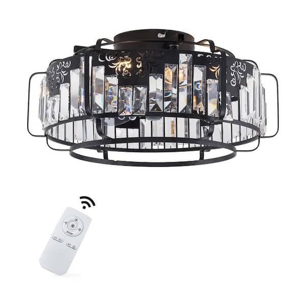 OUKANING 18.5 in. Black Metal Lampshade Crystal Decor Ceiling Fan with Light Kit and Remote Control