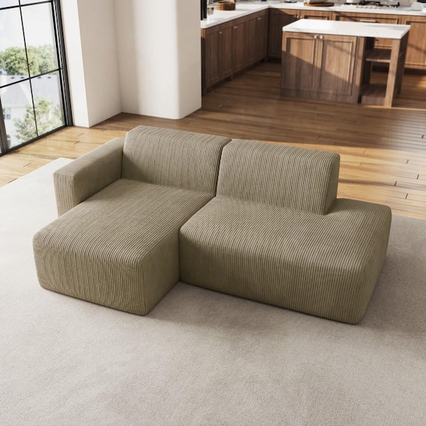 94.44 in. Square Arm 2-Piece Corduroy L-Shaped Sectional Sofa in Khaki with Chaise