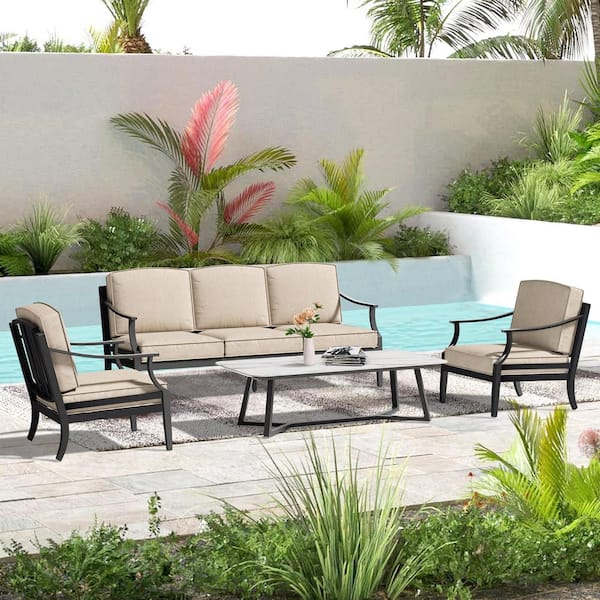 Tamarin 4-Piece Aluminum Outdoor Conversation Set with Sunbrella Cushions, Coffee Table with Sintered Stone Top