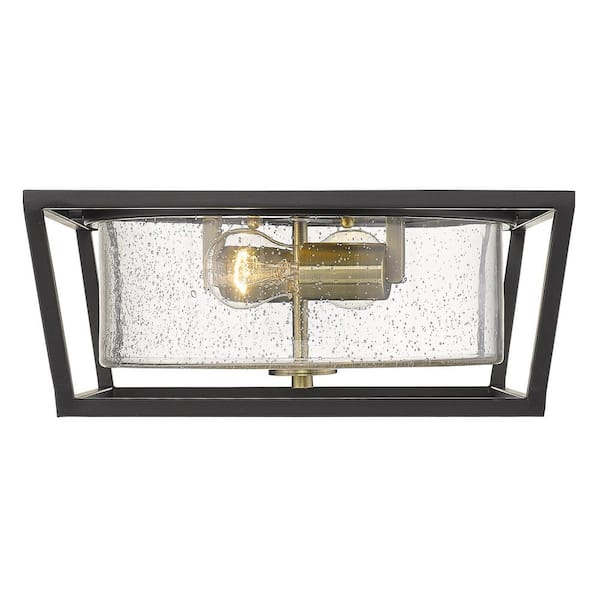 Golden Lighting Mercer 2-Light 14.5 in. Matte Black with Aged Brass Accents and Seeded Glass Flush Mount