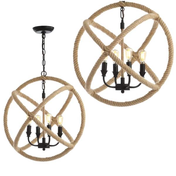 Soka 4-Light 20 in. Black/Brown Adjustable Globe Metal/Rope LED Pendant