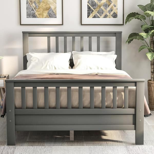 3 Sizes Wood Bed Frame Wooden Slat Support Platform With Headboard Gray Home 