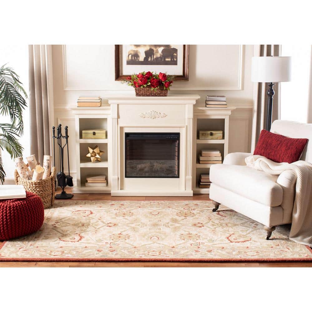 Handmade Beige and Rust Floral Wool Area Rug, 5' x 8'
