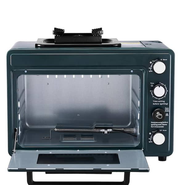 Outdoor Oven, 2-in-1 Portable Gas Camping Stove Toaster Oven in Dark Green, Adjustable Fire, 60-Minute Timer, Windproof