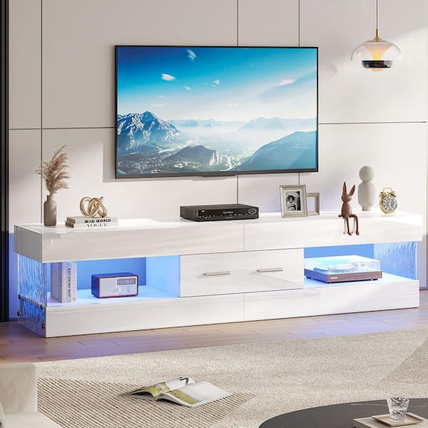 67 in. Glossy White TV Stand Fits TV Up to 75 in. Entertainment Center with Storage Drawer LED Light
