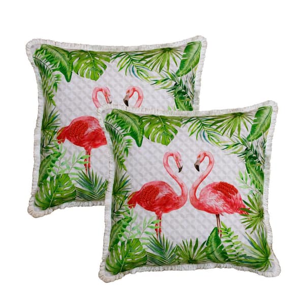 Phoenix Hand-Woven Coastal Flamingo Polyester Throw Pillow, Coral Pink/Green, 20 in. x 20 in., Set of 2