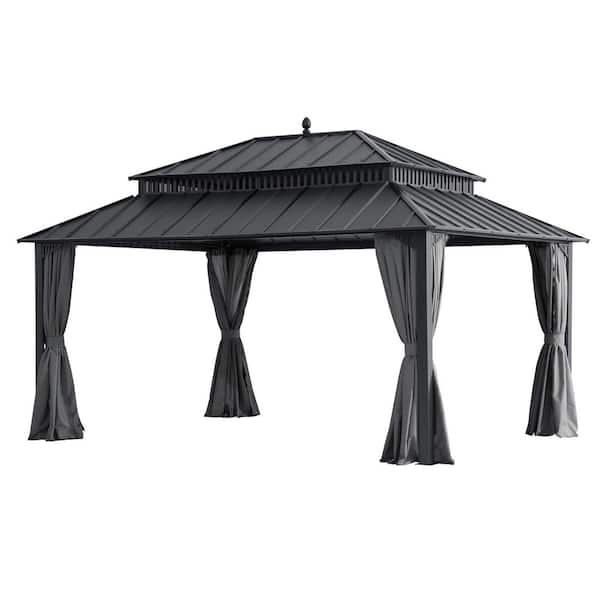 16 ft. x 12 ft. Kingston Aluminum Frame Steel Double Roof Hardtop Rectangular Gazebo with Curtain and Netting, Grey
