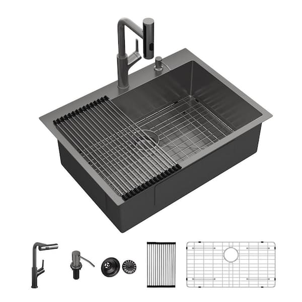 33 in. Drop-In 16 Gauge Stainless Steel Kitchen Sink in Gunmetal Black with Bottom Grid and Put Out Faucet