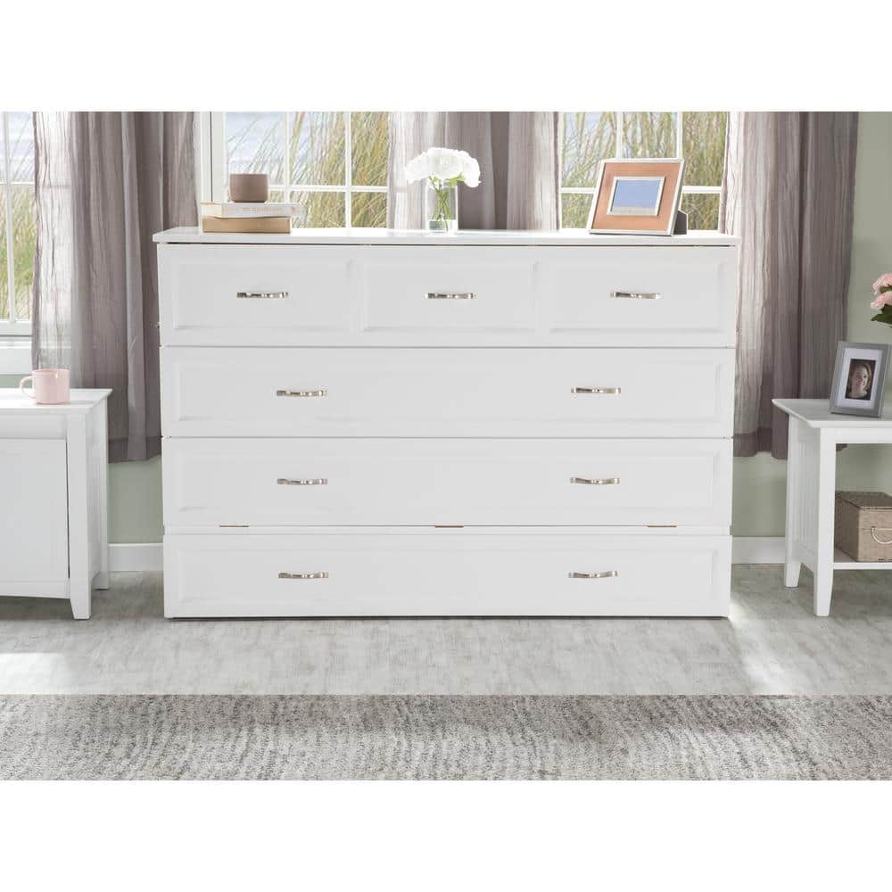 White Coastal Queen Murphy Bed Chest with Charging Station