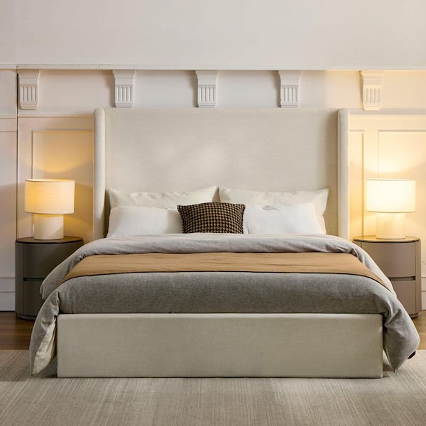 Frasier White Metal Frame King Size Platform Bed with Upholstered Wingback High Headboard, Ivory