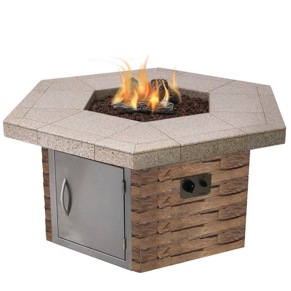 Cal Flame Stone Veneer and Tile Hexagon Gas Fire Pit, Brown -  22-FPTH401M-RK