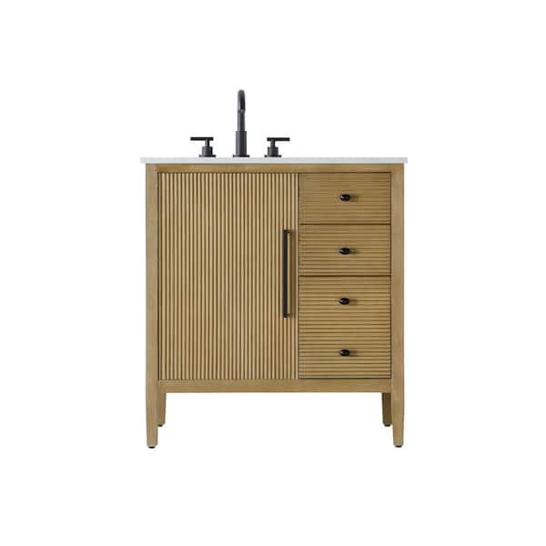 32 in. Single Sink Linen Oak Bath Vanity with White Engineered Marble Top