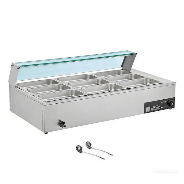 Commercial Food Warmer, 1500W Electric Stainless Steel Steam Food Warmer with Glass Cover, 9-Pan Countertop Buffet