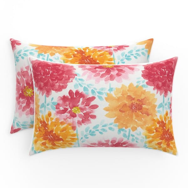 Pillow Perfect Bright Floral 24.5 in W x 5 in H Outdoor Lumbar Throw Pillows 2 Count in Pink Gardenia Bloom 119373 The Home Depot