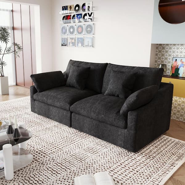 Modular Large 83 in. Plush Linen Loveseat Love Sofa Cloud Couch Convertible Sectional Sofa in Black with Washable Cover
