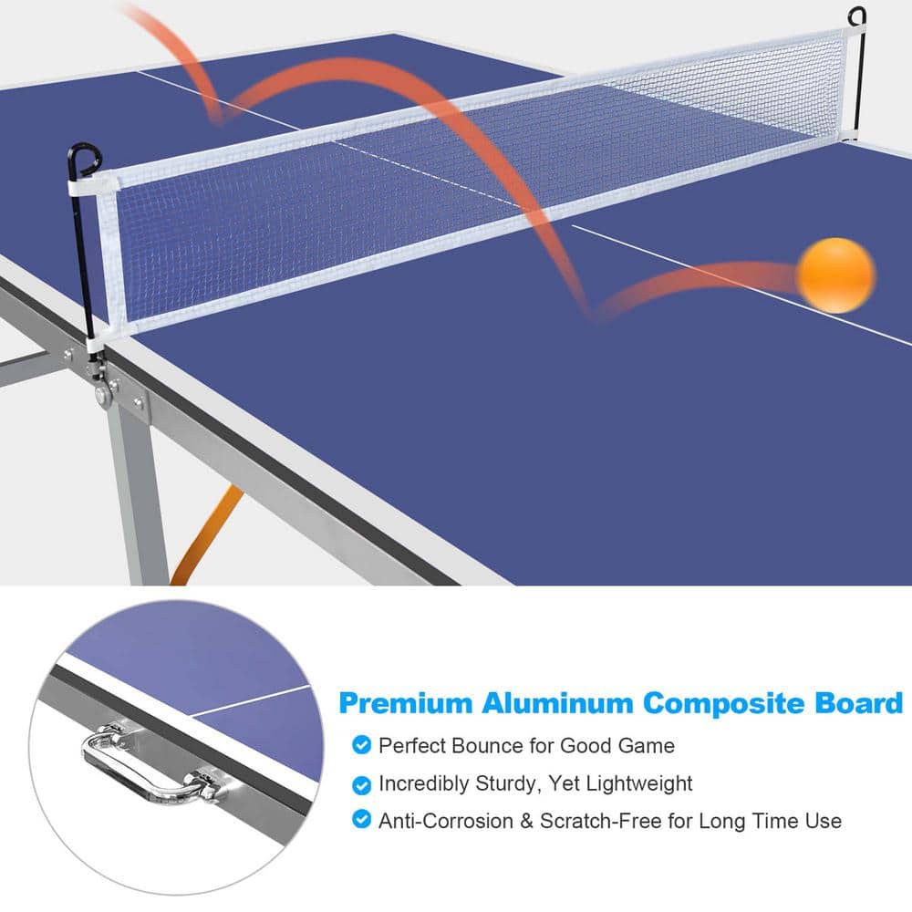 6-Foot Blue Foldable MDF Ping Pong Table with Net and Accessories